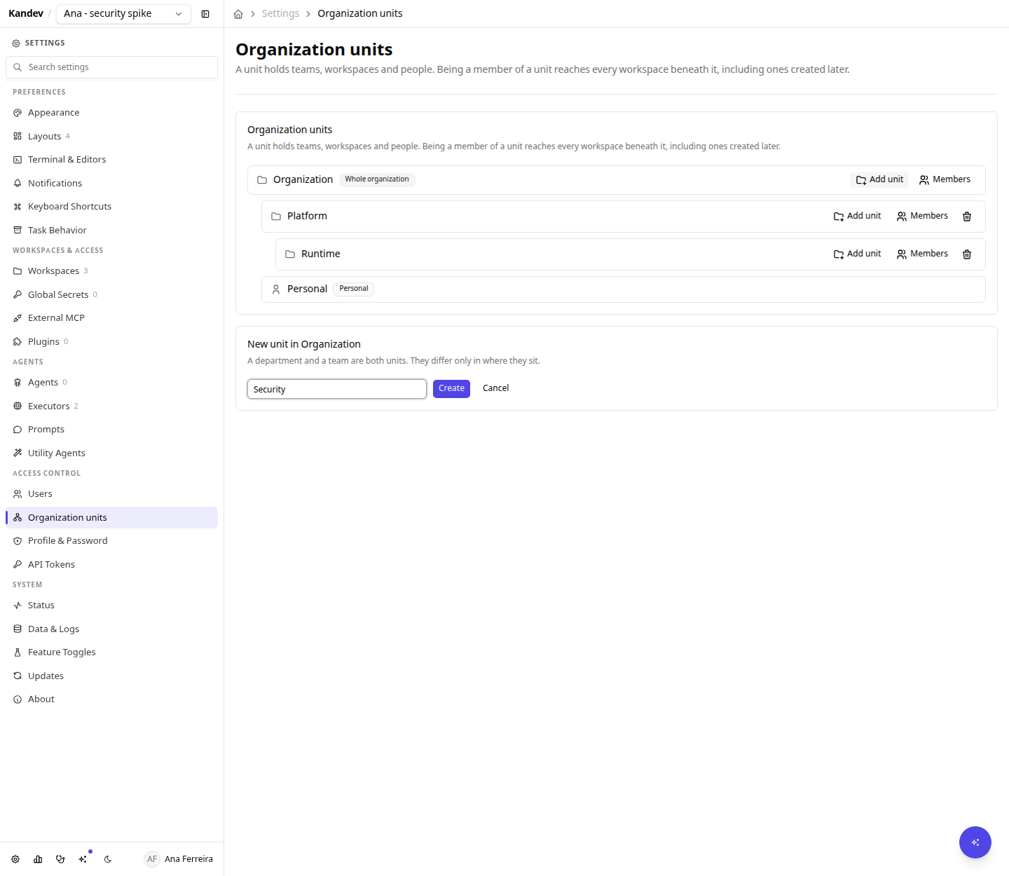 The Organization units page with a New unit card open beneath the tree, its name field filled in with Security.